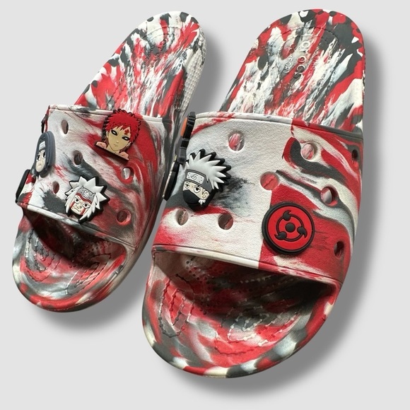 Crocs Classic Marbled Slides Naruto Charms Red Black White Unisex M7 W9